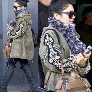 Free People Golden Quills Embroidered Olive Green Military Jacket